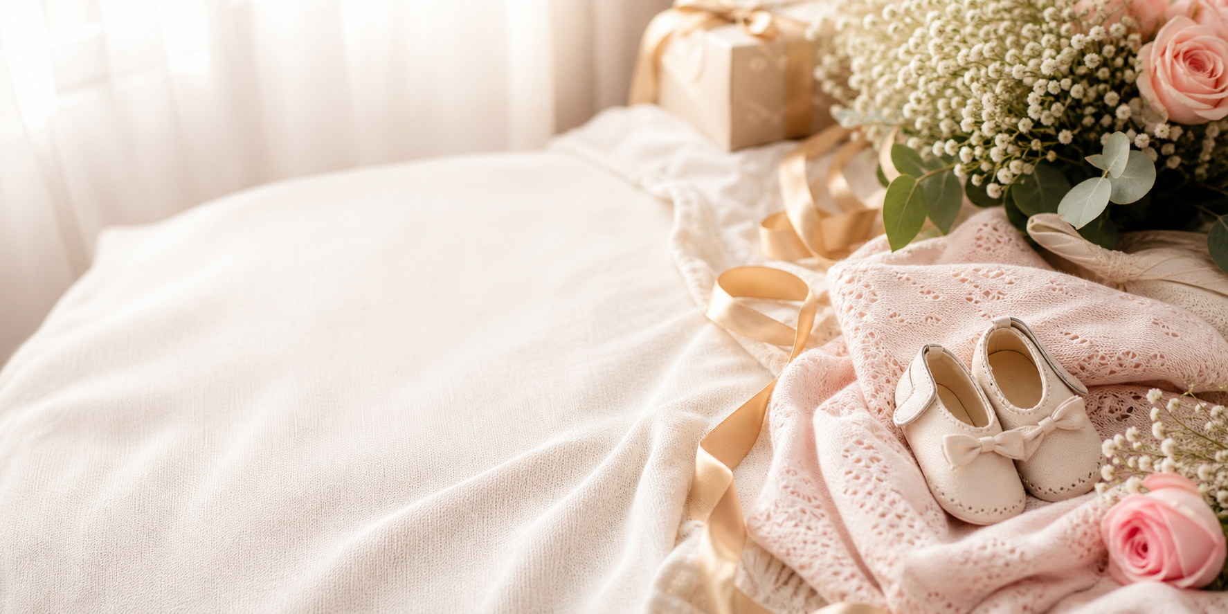 Liebevoll arrangierte Baby- und Feierdetails in warmem Licht